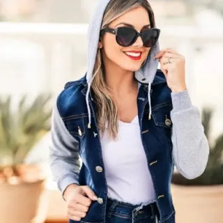 Jaqueta feminina de Inverno em Jeans com Capuz Removível e Moletom