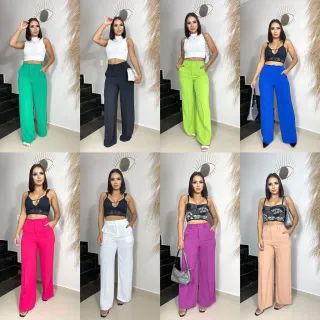 Moda Pantalona Feminina, Calça Alfaiataria Duna Cós Alto Botão Encapado - Verde Oliva