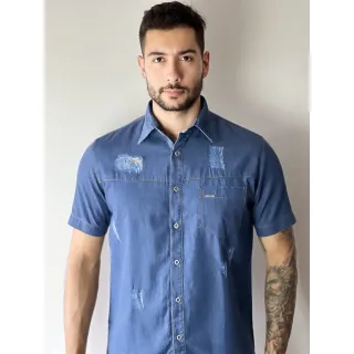 Premium Manga Curta Social Jeans Camisa - JEANS DESTROID