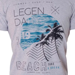Camiseta Premium Estampada Coqueiros e Mar - Gola Redonda - Cinza Claro