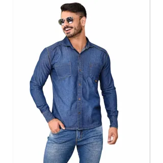 Manga Longa e Curta Slim Masculina Camisa Jeans Premium - MANGA LONGA