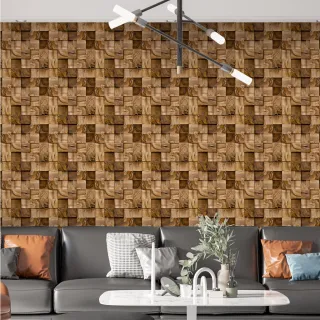 Tacos de Madeira Autocolante Lavável - Papel de Parede Cubos Marrom - Único
