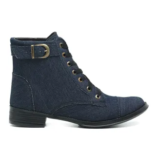 Coturno Confortável Feminino - Bota Militar Estilo Médio Cano - jeans