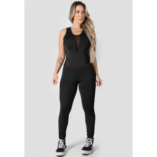 Moda Fitness Macacão Feminino Preto Tela Decotado Alta Qualidade RLC Modas - Preto