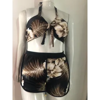 Biquíni estampado orquídea com shorts de cintura alta - Conjunto feminino de três peças - 2 AMARELO