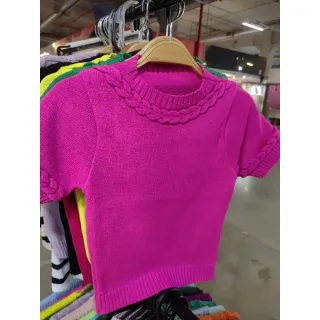 Tricot manga curta moda verao, blusa cropped veste 34-40 com gola e manga trancada - Amarelo Lima