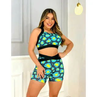 Conjunto Fitness Feminino Neon Estampa Animal Cintura Alta - Ref.011