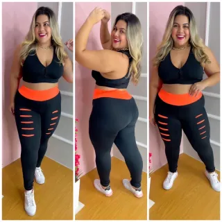 Moda fitness plus size: Conjunto legging detonado - Top leggin mais aeróbica - Preto com Verde