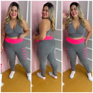 Moda fitness plus size: Conjunto legging detonado - Top leggin mais aeróbica - Preto com Verde