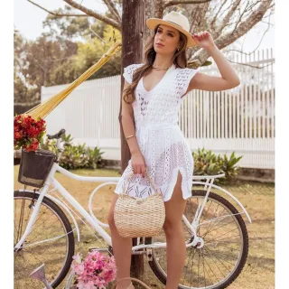 Moda Praia Vestido Curto Trabalhado Decote Piscina - Preto