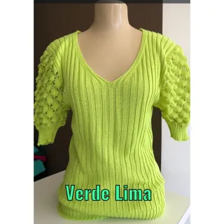 Blusa Manga Curta Feminina Tricô Gola V Trabalhada - Fúcsia