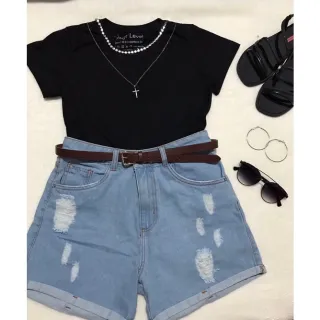 Malha Penteada Algodão Lisa: Camisetas Femininas em Diversas Cores - Azul Denin