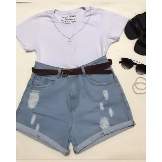 Malha Penteada Algodão Lisa: Camisetas Femininas em Diversas Cores - Azul Denin