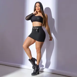 Saia Curta Feminina Cintura Alta em Suplex de Poliamida - Preto