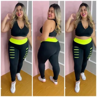 Moda fitness plus size: Conjunto legging detonado - Top leggin mais aeróbica - Preto com Verde