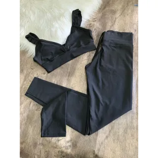 Calça Legging com Top Fitness Conjunto Babado - Preto