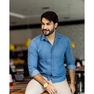 Pronta entrega: Camisa jeans masculina manga longa Slim fit de alta qualidade - Camisa algodão chambre cinza