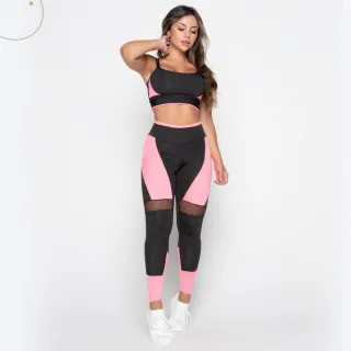 Roupa Fitness Conjunto Top e Calça Legging Feminina - CINZA/ROSA