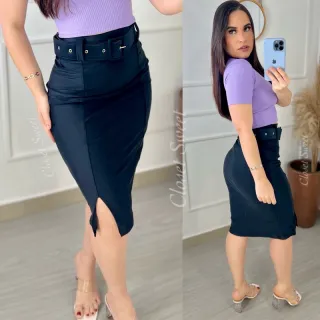 Tendência Evangélica: Saia Midi Prada com Cinto, Zíper e Fenda Lateral - Cinto