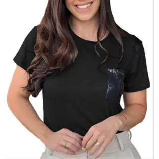 Moda verão: Blusa feminina t-shirt manga curta com bolsinho - mostarda