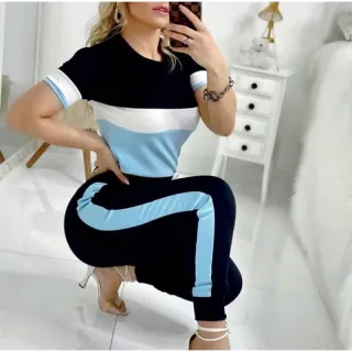 Blusa manga curta crepe e calça plus size feminina - conjunto - TRICOLOR