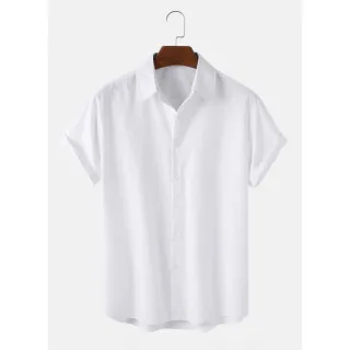 Camisa Masculina Curta de Linho com Botões Moda Praia Manga Curta - CURTA-BEGE-COLARINHO