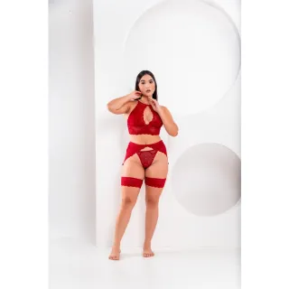 Conjunto de Lingerie Gringa: Calcinha, Sutiã Cropped e Cinta Liga - Vermelho