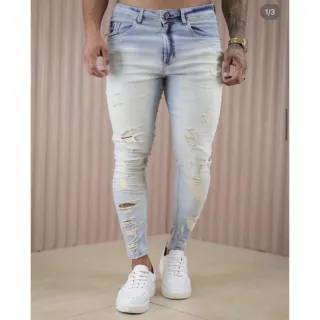 Envio imediato Calças jeans masculina skinny destroyed original Santt Jeans - Calça escura destroyed