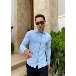 Pronta entrega: Camisa jeans masculina manga longa Slim fit de alta qualidade - Camisa algodão chambre cinza