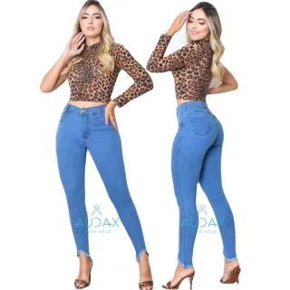 Barra Detonada Calça Jeans Feminina Clara Cintura Alta Destroyed Levanta Bumbum - JEANS PRETO LISO