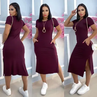 Tendência verão: vestido feminino midi com bolso em viscolycra - Verde-militar