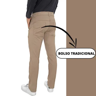 Calça Bege Sarja Masculina com Elastano - Bolso Tradicional - 38(P)