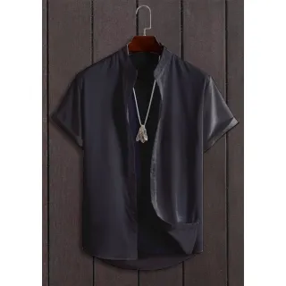 Camisa Masculina Curta de Linho com Botões Moda Praia Manga Curta - CURTA-BEGE-COLARINHO