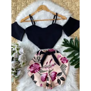Cropped feminino + jardineira vermelha, promoção só hoje! - Preta Jardineira