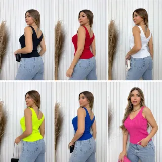Moda feminina tricot fashion, regata canelado verão tricô - Laranja neon