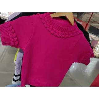 Tricot manga curta moda verao, blusa cropped veste 34-40 com gola e manga trancada - Amarelo Lima