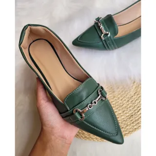 Sandália Feminina Casual Conforto Mocassim Rasteira Preto e Verde
