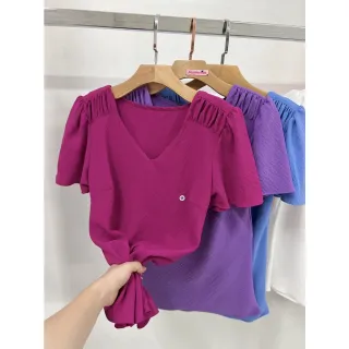 Blusa manga curta feminina com detalhe elástico no ombro - Off