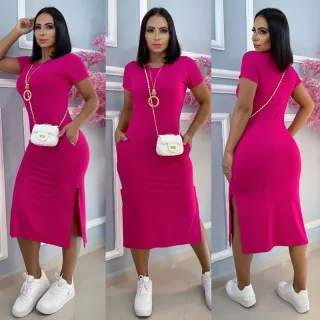 Tendência verão: vestido feminino midi com bolso em viscolycra - Verde-militar