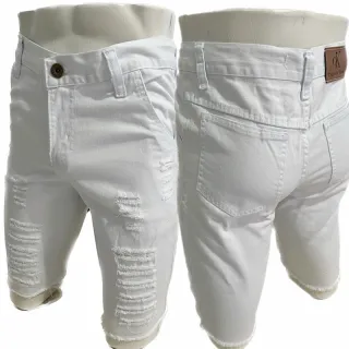 Rasgado 100% Algodão Bermuda Jeans Sarja Masculino - SKY rasgado#2