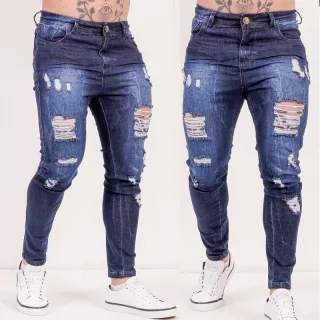 Envio imediato Calças jeans masculina skinny destroyed original Santt Jeans - Calça escura destroyed