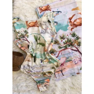 Moda praia feminina: Conjunto bori com saída canga e bojo - Coqueiro alça fina