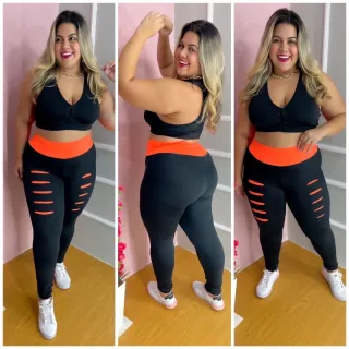 Moda fitness plus size: Conjunto legging detonado - Top leggin mais aeróbica - Preto com Verde