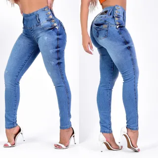 Cós Modelador Calça Jeans Feminina Cintura Alta Azul Aço - 50