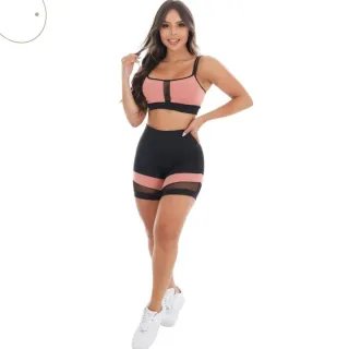 Conjunto Fitness Bermuda Shorts e Legging Feminina Top - Preto/ Rosê