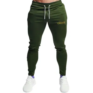 Peluciada Masculina Calça Moletom de Academia com Bolso e Punho Ajustável - VERDE ESCURO/Dourado