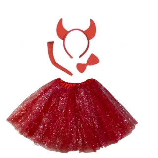 Halloween Vermelho Fantasia Adulto Chifres Carnaval - Saia vermelha brilho