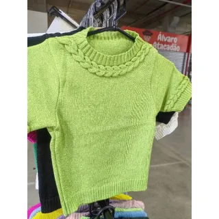 Tricot manga curta moda verao, blusa cropped veste 34-40 com gola e manga trancada - Amarelo Lima
