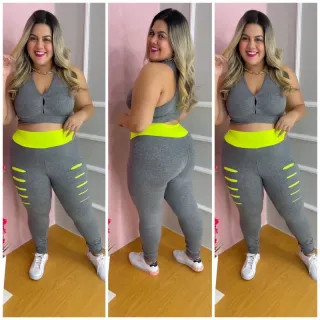 Moda fitness plus size: Conjunto legging detonado - Top leggin mais aeróbica - Preto com Verde