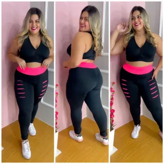 Moda fitness plus size: Conjunto legging detonado - Top leggin mais aeróbica - Preto com Verde